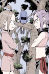  3girls beads black_hair brown_hair clenched_teeth crossed_arms eye_contact faceoff forehead hair_beads hair_bun hair_ornament hair_stick highres housenka_(kunoichi_tsubaki_no_mune_no_uchi) in_tree japanese_clothes kimono kunoichi_tsubaki_no_mune_no_uchi looking_at_another looking_back mokuren_(kunoichi_tsubaki_no_mune_no_uchi) multiple_girls nape navel ninja obi parted_bangs pink_kimono ponytail profile purple_hair red_sash sash sazanka_(kunoichi_tsubaki_no_mune_no_uchi) short_kimono sidelocks single_hair_bun sitting sitting_in_tree teeth tree v-shaped_eyebrows yamamoto_souichirou 