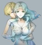  2girls bishoujo_senshi_sailor_moon blonde_hair blue_eyes blue_hair breast_grab breasts breasts_apart chocofox choker cleavage collarbone eyebrows_visible_through_hair floating_hair gloves grabbing green_eyes grey_background hand_holding highres limited_palette long_hair medium_breasts multiple_girls pleated_skirt sailor_collar sailor_neptune sailor_senshi_uniform sailor_uranus shirt short_hair simple_background skirt sleeveless sleeveless_shirt upper_body white_gloves white_sailor_collar white_shirt white_skirt yuri 