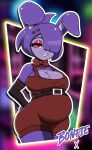 absurd_res anthro arrowdark big_breasts bonfie_(cryptiacurves) bonnie_(fnaf) breasts buckteeth cleavage clothed clothing crossgender eyelashes eyeshadow female five_nights_at_freddy&#039;s fredina&#039;s_nightclub fur hair half-closed_eyes hi_res lagomorph leporid looking_at_viewer makeup mammal mtf_crossgender narrowed_eyes outline overalls pink_eyes pregnant pregnant_anthro pregnant_female purple_body purple_fur purple_hair rabbit red_clothing red_overalls scottgames short_hair smile solo teeth white_outline