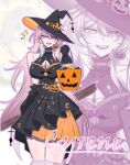  1girl alternate_costume bare_shoulders basket black_dress black_gloves breasts character_name cleavage commentary cyrene_(honkai:_star_rail) cyrene_(ripples_of_past_reverie)_(honkai:_star_rail) diamond-shaped_pupils diamond_(shape) dress english_commentary gloves halloween halloween_bucket halloween_costume hat highres holding holding_basket honkai:_star_rail honkai_(series) large_breasts long_hair multicolored_hair pink_hair purple_eyes reonix_art solo symbol-shaped_pupils thighs two-tone_hair very_long_hair white_hair witch witch_hat zoom_layer 