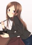  :t black_sweater blush brown_hair chopsticks closed_mouth contemporary denim dorothy_(princess_principal) eating eyebrows_visible_through_hair food from_side highres holding holding_chopsticks jeans kotatsu long_hair long_sleeves looking_at_viewer noodles pants princess_principal purple_eyes ribbed_sweater sitting sk02 solo sweater table 