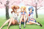  3girls :d :o bishoujo_senshi_sailor_moon blonde_hair blue_hair blue_sailor_collar blue_skirt bow bowtie breasts brown_footwear brown_hair brown_sailor_collar brown_skirt cherry_blossoms chocofox chopsticks cleavage collarbone double_bun eyes_closed food full_body high_ponytail holding holding_chopsticks kino_makoto loafers long_hair long_sleeves medium_breasts miniskirt mizuno_ami multiple_girls neck_ribbon obentou open_mouth outdoors pleated_skirt red_bow red_neckwear ribbon sailor_collar school_uniform shiny shiny_hair shirt shoes short_hair sitting skirt smile socks tsukino_usagi very_long_hair white_legwear white_ribbon white_shirt 