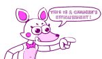  ambiguous_gender animatronic blush dialogue eyelashes five_nights_at_freddy&#039;s funtime_foxy_(fnaf) girly machine pointing reaction_image robot simple_background video_games 