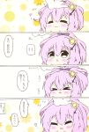  1girl 4koma :&lt; :d =_= azur_lane blush chibi closed_eyes closed_mouth comic crown fang fang_out green_eyes hair_ornament hair_ribbon hands_up heart highres javelin_(azur_lane) kurukurumagical mini_crown open_mouth parted_lips petting ponytail purple_hair purple_ribbon ribbon smile tears tilted_headwear translated triangle_mouth 