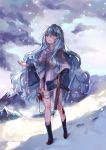  absurdres android bandaged_leg bandaged_neck bandages bangs blood blood_bag blood_on_face blue_dress blue_eyes boots cloud cloudy_sky double-breasted dress eyebrows_visible_through_hair footprints girls_frontline gun hair_between_eyes hands_up highres injury intravenous_drip long_hair mountain ribeyrolles_1918 ribeyrolles_1918_(girls_frontline) rifle shan silver_hair sky snowing solo tassel very_long_hair wavy_hair weapon 