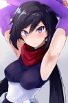  armpits arms_up ayame_(gundam_build_divers) bangs bare_shoulders black_hair blush breasts commentary_request covered_nipples elbow_gloves eyebrows_visible_through_hair fingerless_gloves gloves gomashi_(goma) grey_background gundam gundam_build_divers hair_between_eyes head_tilt japanese_clothes looking_at_viewer medium_breasts ninja purple_eyes purple_gloves red_scarf scarf sleeveless solo sweat 