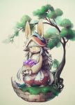  :3 :d absurdres animal animal_ears anko_anko beige_background colored_eyelashes ears_through_headwear fangs furry grass helmet highres holding holding_animal horned_helmet made_in_abyss nanachi_(made_in_abyss) open_mouth puffy_pants short_hair smile standing tail topless tree whiskers white_hair yellow_eyes 