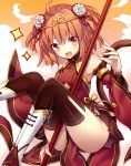  :d ahoge black_legwear brown_eyes brown_hair circlet detached_sleeves dress fate/grand_order fate_(series) fujimaru_ritsuka_(female) looking_at_viewer monkey_tail open_mouth red_dress red_sleeves shoes short_hair smile solo tail thighhighs white_footwear wide_sleeves yimu 