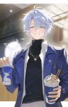  1boy absurdres antenna_hair black_sweater blue_coat blue_eyes blurry blurry_background bon_(bony_53) coat cup disposable_coffee_cup disposable_cup grey_hair hair_between_eyes highres holding holding_cup honkai:_star_rail honkai_(series) long_sleeves looking_at_viewer male_focus official_alternate_costume open_clothes open_coat open_shirt parted_lips phainon_(honkai:_star_rail) phainon_(luckin_coffee)_(honkai:_star_rail) shirt short_hair smile solo sweater turtleneck turtleneck_sweater upper_body white_shirt yellow_pupils 