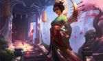  alternate_costume breasts cherry_blossoms collaboration comb commentary dappled_sunlight english_commentary eyeshadow feet_out_of_frame hair_ornament hair_stick highres japanese_clothes japanese_house jem_flores jessica_oyhenart karma_(league_of_legends) kimono league_of_legends light_smile lipstick looking_at_viewer makeup medium_breasts nose obi official_art petals sakura_karma sash solo sunlight updo 