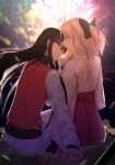  absurdres ahoge black_hair black_hairband blurry blurry_background blush fate/grand_order fate_(series) fireworks floating_hair from_behind hair_between_eyes hairband hakama highres imminent_kiss jacket japanese_clothes kimono long_hair multiple_girls oda_nobunaga_(fate) okita_souji_(fate) okita_souji_(fate)_(all) open_mouth pants ponytail red_eyes red_hakama short_hair silver_hair very_long_hair white_kimono white_pants xue_fengzi yellow_eyes yuri 