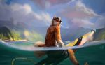  2015 anthro black_hair canine clothed clothing cloud detailed_background fur hair mammal mountain sky solo strange-fox surfboard topless two_tone_tail watermark 