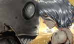  black_gloves commentary_request emil_(nier) facebook_username forehead-to-forehead gloves highres long_bangs nier_(series) nier_automata parted_lips profile robusta_mania shiny shiny_hair short_hair silver_hair solo_focus spoilers teeth twitter_username upper_body watermark web_address yorha_type_a_no._2 