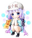  1girl bangs beads blue_eyes blunt_bangs blush boots camomile_hus child closed_mouth female flag full_body hair_beads hair_ornament hat hataraku_saibou holding holding_flag kanna_kamui kobayashi-san_chi_no_maidragon lavender_hair long_hair looking_at_viewer low_twintails platelet_(hataraku_saibou) platelet_(hataraku_saibou)_(cosplay) polka_dot polka_dot_background shirt short_sleeves shorts solo squatting twintails white_background white_hat 