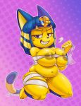  2018 animal_crossing ankha anthro bangs belly big_breasts biped blue_hair breasts cat conditional_dnp digital_media_(artwork) egyptian feline female grin hair half-closed_eyes looking_at_viewer mammal navel nintendo nipples overweight overweight_female pussy smile solo teckworks teeth thick_thighs video_games wide_hips 
