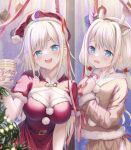  2girls :d absurdres ahoge animal_ears belt belt_buckle black_belt blue_eyes breasts brown_hairband brown_shirt brown_skirt buckle christmas cleavage commentary_request cup cup_ramen disposable_cup dress fake_animal_ears fake_horns fur-trimmed_dress fur-trimmed_headwear fur-trimmed_shirt fur_trim hairband hand_up hands_up hat highres holding holding_cup horns long_hair low_twintails medium_breasts multicolored_hair multiple_girls own_hands_together purple_hair red_dress red_hair red_hat santa_costume santa_hat shirt skirt smile sousouman streaked_hair twinbox_school twintails very_long_hair wavy_mouth white_hair 