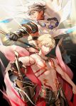  armor black_gloves black_hair blonde_hair cape chest chest_tattoo commentary_request ea_(fate/stay_night) earrings egyptian egyptian_clothes fate/grand_order fate_(series) gilgamesh gloves gold_trim grin holding holding_staff jewelry looking_at_viewer male_focus multiple_boys necklace ozymandias_(fate) red_eyes shirtless single_glove smile staff takashi_(huzakenna) tattoo upper_body white_cape yellow_eyes 