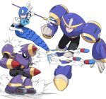  1girl 2boys android arm_cannon armor ballade_(mega_man) black_bodysuit blue_armor blue_helmet bodysuit breasts caterpillar_tracks clenched_hand closed_mouth commentary_request dual_arm_cannons elbow_gloves fake_horns firing full_body gloves grin helmet highres holding holding_polearm holding_weapon horned_helmet horns large_breasts light_frown looking_at_viewer mega_man_(classic) mega_man_(series) mega_man_5 mega_man_9 mega_man_iv mega_man_megamix mermaid missile monster_girl multiple_boys multiple_views napalm_man nasu_(ilo_a5) polearm puffy_short_sleeves puffy_sleeves purple_armor robot serious short_sleeves simple_background smile smoke smoke_trail splash_woman standing trident weapon white_background white_gloves 