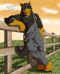  2018 4_toes 5_fingers abs anthro beauceron biceps black_fur black_nose black_skin brown_eyes brown_fur brown_skin bulge canine clothed clothing dialogue digitigrade dog doggieo doggieo_(character) english_text evening farmer fence fully_clothed fur gloves_(marking) grass leaning looking_aside male mammal markings multicolored_fur multicolored_skin muscular muscular_male muscular_thighs overalls pose socks_(marking) solo speech_bubble standing talking_to_viewer text toes two_tone_fur two_tone_skin 