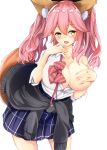  alternate_costume animal_ear_fluff animal_ears blush breasts cleavage clothes_around_waist collarbone fate/extella fate/extra fate/grand_order fate_(series) fox_ears fox_tail jacket_around_waist large_breasts long_hair looking_at_viewer one_breast_out open_mouth pink_hair saliva school_uniform shirt simple_background skirt smile solo tail tamamo_(fate)_(all) tamamo_jk_(fate) twintails unbuttoned white_background yellow_eyes zarashi 