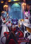  5girls absurdres ahoge alcohol animal_on_shoulder apron ascot black_dress black_sclera blonde_hair blue_eyes blue_skin bottle cat colored_eyelashes colored_inner_hair colored_sclera colored_skin couch cup demon_girl demon_horns demon_tail dress drinking_glass forehead_jewel glowing glowing_eyes golem grey_skin grin halloween happy_halloween highres holding holding_bottle horns ibenz009 indoors jack-o&#039;-lantern long_hair looking_at_viewer maid maid_apron maid_headdress metal_skin monster_girl multicolored_hair multiple_girls on_couch original parted_bangs portrait_(object) purple_eyes purple_hair purple_sclera red_wine shiny_skin short_hair smile solid_eyes tail two-tone_hair vampire_costume very_long_hair white_eyes white_hair white_skin window wine wine_bottle wine_glass yellow_eyes 