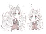  2boys :3 ? age_comparison alternate_costume animal_ears arm_belt black_kimono black_socks blue_eyes blush_stickers chibi chibi_only clothing_cutout commentary_request detached_sleeves final_fantasy final_fantasy_vii final_fantasy_vii_ever_crisis fox_boy fox_ears fox_tail full_body geta green_eyes grey_hair hair_intakes hakama hakama_pants hand_on_own_chin hand_on_own_hip hattouissenbaka height_difference highres hip_vent japanese_clothes kemonomimi_mode kimono kitsune long_bangs long_hair looking_at_another male_focus multiple_boys multiple_tails notice_lines pale_color pants parted_bangs red_pants sephiroth sephiroth_(ever_crisis) short_hair sketch sleeveless sleeveless_kimono slit_pupils socks standing tabi tail time_paradox very_long_hair white_background wide_sleeves 
