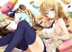  bare_shoulders blonde_hair blue_eyes braid collared_shirt colored_eyelashes commentary_request cookie cup denim denim_shorts eating fate/grand_order fate_(series) floating_hair food food_background from_side jeanne_d'arc_(fate) jeanne_d'arc_(fate)_(all) kakao_rantan long_braid long_hair looking_at_viewer shirt shorts single_braid sitting sleeveless sleeveless_shirt solo spilling teacup thighhighs thighs very_long_hair white_shirt 