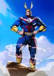  1boy all_might antenna_hair artist_name belt blonde_hair blue_eyes boku_no_hero_academia dandon_fuga grin hands_on_hips looking_at_viewer muscle sky smile solo 