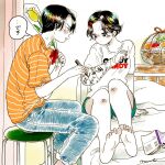  1boy 1girl apple barefoot bed black_eyes black_hair blush book cast colored_skin commentary confession cuffed curtains denim emamemamo33 fingernails flower food fruit fruit_basket full_body grapes highres holding holding_marker hospital_bed indoors iridescent_hair jeans looking_at_another marker on_stool open_book orange_(fruit) original pants rose shirt short_hair signature signing sitting slice_of_life soles speech_bubble t-shirt translated white_skin wicker_basket 