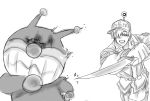  anpanman baikinman baseball_cap boots chasing clenched_teeth combat_knife constricted_pupils crossover fleeing greyscale hair_over_one_eye hat hataraku_saibou knife kota_(revanche017) male_focus monochrome multiple_boys running shaded_face simple_background teeth trait_connection u-1146 weapon white_background white_blood_cell_(hataraku_saibou) 