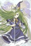  1girl aeginflash blue_capelet bow bowtie capelet crescent dress green_eyes green_hair hat highres long_hair long_sleeves mima_(touhou) ribbon staff sun_print sun_symbol touhou touhou_(pc-98) wizard_hat yellow_bow yellow_bowtie 