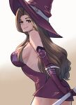  1girl absurdres bare_shoulders breasts closed_mouth deneb_rove dress elbow_gloves gloves hat highres holding holding_staff large_breasts long_hair looking_at_viewer microdress purple_dress purple_gloves purple_hat quanero sideboob simple_background skirt smile solo staff strapless strapless_dress tactics_ogre witch witch_hat 
