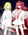  alternate_costume androgynous blonde_hair choker crystal_hair dress glowing highres houseki_no_kuni light_smile long_hair looking_at_viewer multiple_others navel_cutout padparadscha_(houseki_no_kuni) pantyhose red_eyes red_hair see-through short_hair sparkle spoilers sword very_long_hair wavy_hair weapon wrist_cuffs xunying_kui yellow_diamond_(houseki_no_kuni) yellow_eyes 