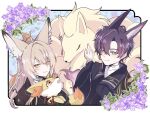  1boy 1girl animal_ear_fluff animal_ears arknights blonde_hair closed_mouth creature extra_ears fennekin flower fox_boy fox_ears fox_girl fox_tail green_eyes holding holding_creature holding_pokemon husband_and_wife korean_commentary long_hair looking_at_viewer multicolored_hair ninetales notched_ear orange_eyes pink_hair pokemon pokemon_(creature) purple_hair scar scar_on_cheek scar_on_face short_hair streaked_hair suzuran&#039;s_father_(arknights) suzuran_(arknights) tail wang_0w0 