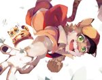  2018 5_fingers anthro cat clothed clothing fangs feline flower fully_clothed fur green_eyes hat hi_res jimyangsheep looking_at_viewer male mammal multicolored_fur multicolored_tail nekojishi open_mouth plant shu-chi solo 