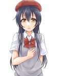  arm_behind_back bangs beret blue_hair bow bowtie collared_shirt commentary_request hair_between_eyes hat long_hair looking_at_viewer love_live! love_live!_school_idol_project open_mouth red_hat red_neckwear shirt simple_background solo sonoda_umi sweater_vest tetopetesone white_background white_shirt yellow_eyes 