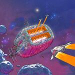  asteroid commentary english_commentary flying highres nebula no_humans original photo-referenced radar_dish radio_antenna science_fiction space space_gooose spacecraft star_(sky) starfighter twitter_username vehicle_focus 