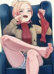  1girl :d barefoot blonde_hair blue_eyes blurry brown_jacket chair collared_jacket commentary_request depth_of_field feet hands_up head_rest highres holding holding_sock jacket long_sleeves looking_down open_clothes open_jacket open_mouth pokemon pokemon_legends:_z-a red_shirt ribbed_shirt robata_kuri shirt shorts sidelocks single_sock sitting smile socks solo taunie_(pokemon) teeth toes tongue twitter_username unworn_socks upper_teeth_only watermark 