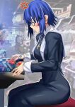  1girl absurdres arcade_cabinet black_dress blue_eyes blue_hair breasts ciel_(tsukihime) dress from_side fukou glasses highres photo_background profile short_hair sitting solo_focus tsukihime 