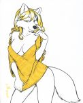  anthro blonde_hair bottomless breasts canine cleavage clothed clothing female hair inktiger mammal simple_background solo white_background wolf yellow_eyes yellow_theme 