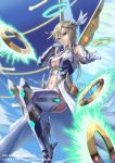  aqua_eyes blonde_hair breasts copyright_name cuboon long_hair medium_breasts navel official_art solo wings z/x 