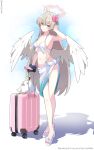  1girl absurdres bikini blue_archive breasts brown_eyes brown_hair cleavage collarbone commentary_request feathered_wings flower groin hair_flower hair_ornament halo high_heel_sandals highres long_hair looking_at_viewer medium_breasts murasame_(sword_of_nmkr) nagisa_(blue_archive) navel peroro_(blue_archive) rolling_suitcase sandals sarong shadow smile solo standing stomach suitcase swimsuit tucking_hair twitter_username very_long_hair white_bikini white_sandals white_wings wings wristband 