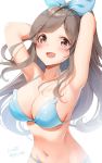 armpits arms_behind_head arms_up bad_id bad_twitter_id bangs bare_shoulders bikini blue_bikini blue_bow blush bow breasts brown_eyes brown_hair cleavage collarbone commentary_request hair_bow highres idolmaster idolmaster_shiny_colors large_breasts long_hair looking_at_viewer navel open_mouth shiratama_akane simple_background smile solo swept_bangs swimsuit tsukioka_kogane white_background 