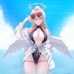  1girl absurdres ass_visible_through_thighs aviator_sunglasses black_one-piece_swimsuit blue_archive bracelet breasts brown-tinted_eyewear brown_hair covered_navel day feathered_wings funky_dea1er gold_bracelet halo highres jewelry large_breasts long_hair looking_at_viewer nagisa_(blue_archive) nagisa_(swimsuit)_(blue_archive) official_alternate_costume official_alternate_hairstyle one-piece_swimsuit outdoors pink_halo smile solo standing sunglasses swimsuit tinted_eyewear very_long_hair wading white_wings wings yellow_eyes 