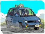  2boys blue_sky car cat commentary_request crowded daihatsu daihatsu_mira highres license_plate motor_vehicle multiple_boys original road side-view_mirror sky vehicle_focus yabarn 