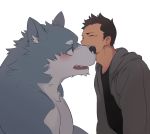  2016 anthro black_nose blue_fur blush canine clothed clothing duo fur hi_res hoodie human human_on_anthro interspecies jimyangsheep kissing male male/male mammal multicolored_fur muscular muscular_male one_eye_closed open_mouth teeth topless two_tone_fur wolf 