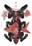  black_fur fish flower highres infinity_symbol nightcrow no_humans original rabbit red_flower red_pupils red_rose rose teardrop two-headed_rabbit white_background 
