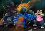 4_arms alien alien_(franchise) anthro asgore_dreemurr asgore_running_over_dess back_spikes barefoot beard black_body black_exoskeleton blonde_beard blonde_facial_hair blonde_hair boss_monster_(undertale) bottomwear claws clothing crossed_arms crossover destroyed_vehicle duo exoskeleton eyeless facial_hair feet female fire floppy_ears forest forest_background hair hand_on_head hand_on_hip head_crest hi_res horn humor long_tail male monster multi_arm multi_limb muscular nature nature_background open_mouth pants pink_clothing pink_shirt pink_topwear plant purple_body purple_skin road sharp_teeth shirt shocked spear_tail spiked_tail spikes spikes_(anatomy) tail teeth toe_claws toki_cat tongue topwear tree truck undertale_(series) vehicle wreckage xenomorph xenomorph_queen