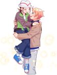  1boy 1girl :d blonde_hair blue_eyes blue_shirt blue_shoes blush brown_hair brown_jacket carrying closed_eyes commentary_request green_jacket grey_pants hands_on_another&#039;s_shoulders happy harmony_(pokemon) hat highres jacket long_sleeves mochi_(mocchi_p_2m) open_clothes open_jacket open_mouth pants pokemon pokemon_legends:_z-a ribbed_socks shirt shoes smile socks sparkle star_(symbol) urbain_(pokemon) white_background white_hat white_socks 