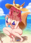  animal_ear_fluff animal_ears bikini blue_bikini blush breasts cleavage collarbone day ears_through_headwear fate/grand_order fate_(series) fish fox_ears fox_tail hat highres in_water large_breasts long_hair looking_at_viewer navel ocean outdoors pink_hair side-tie_bikini solo squatting straw_hat swimsuit tail tamamo_(fate)_(all) tamamo_no_mae_(swimsuit_lancer)_(fate) thighs xian_yu yellow_eyes 